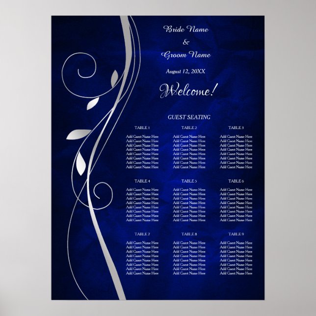 Silber Leaf Swirl Blue Wedding Seating Chart Poster (Vorne)