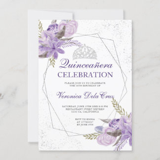 Silber lila florale Aquarell Quinceanera Einladung