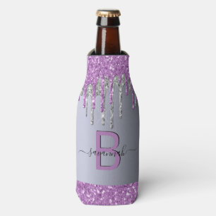 Silber lila Glitter Monogramm Name Geburtstag Flaschenkühler