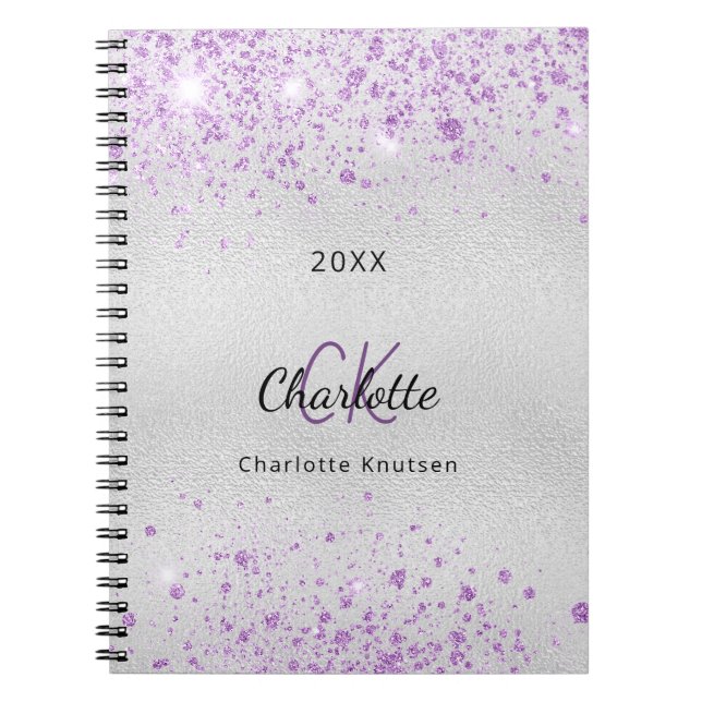 Silber lila Glitzer Name monogramm elegant Notizblock (Vorderseite)