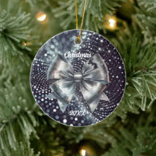 Silber Metallic Bow Luminous Year Akzent Keramik Ornament