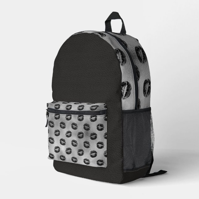 SILBER MIT SCHWARZEN LIPS UND LEDER SEHEN TEXTSEIT BEDRUCKTER RUCKSACK (Rückseitige Ecke Rechts)