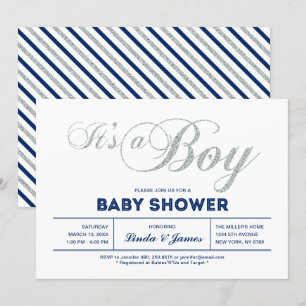 Silber, Navy   Moderne Typografie Jungen-Baby-Part Einladung