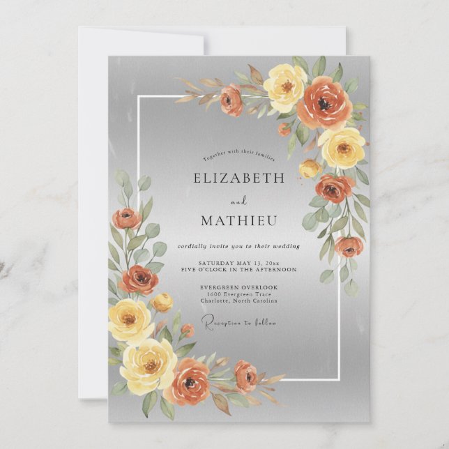 Silber-Ocker-Aquarell-Hochzeit Einladung (Vorderseite)