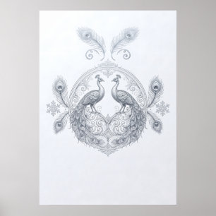 Silber-Pfauen-Paar-Ornamentales-Mandala-Plakat Poster