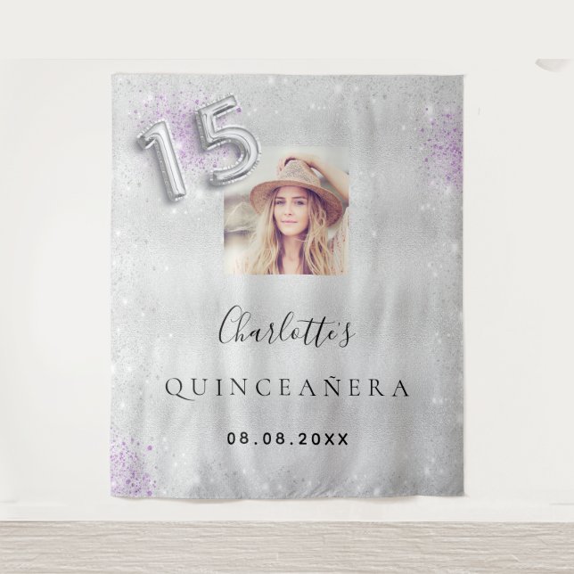 Silber-Quinceanera-lila Foto Glitzer Empfang Wandteppich (Vorderseite)