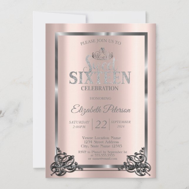 Silber Rahmen, Border, Tiara Rose Gold Sweet 16 Einladung (Vorderseite)