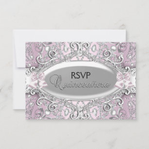 Silber & Rosa Damast-Perlen-Quinceanera-RSVP Einladung