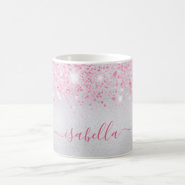 Silber-Rosa-Glitzer-Namensskript glamourös Kaffeetasse (Mittel)