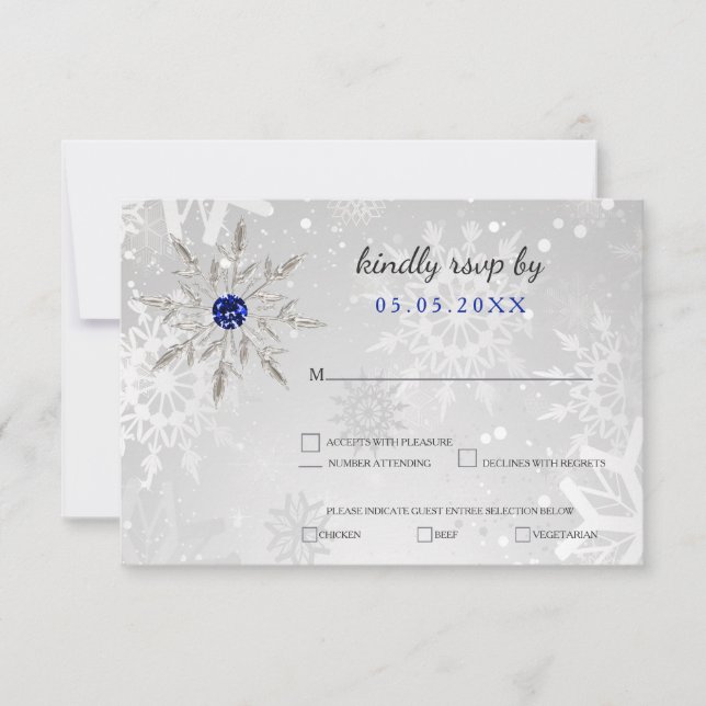 Silber Royal Blue Schneeflocken Winterhochzeit uAw RSVP Karte (Vorderseite)