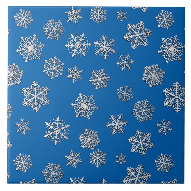 Silber-Schneeflocken auf kobaltblauem Hintergrund Fliese (Vorderseite)