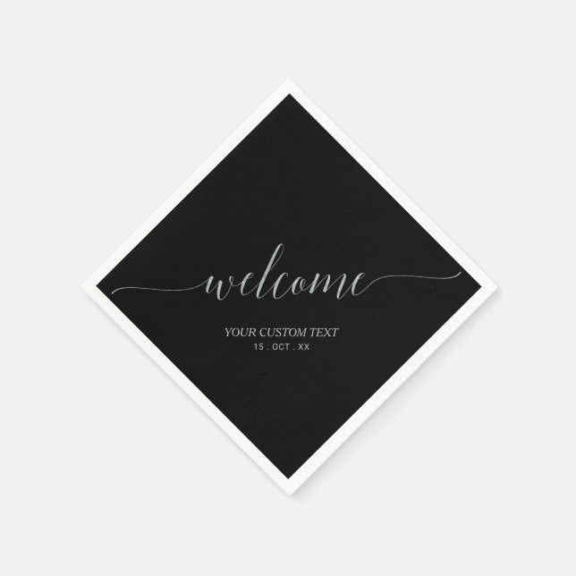 Silber & Schwarz Elegantes Skript Willkommensparty Serviette (Ecke)