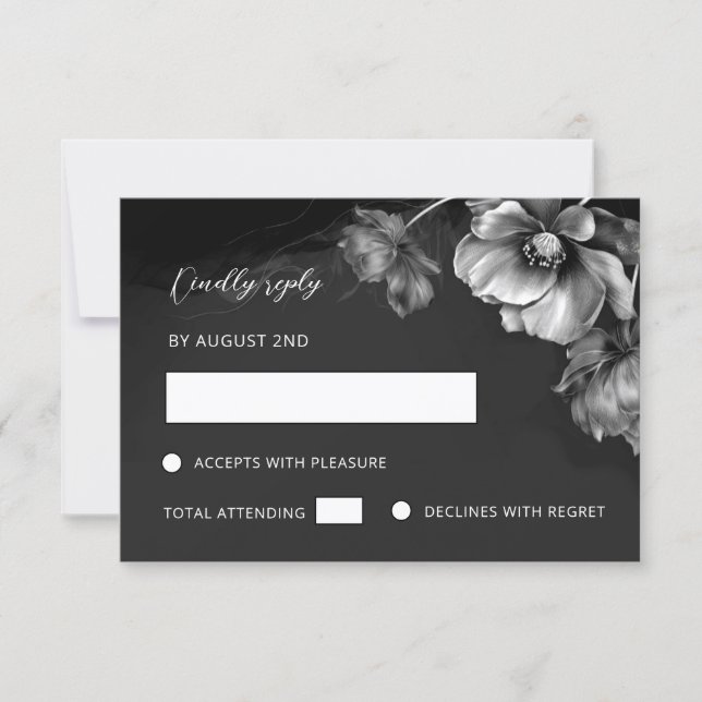 Silber Schwarz Floral RSVP Karte (Vorderseite)