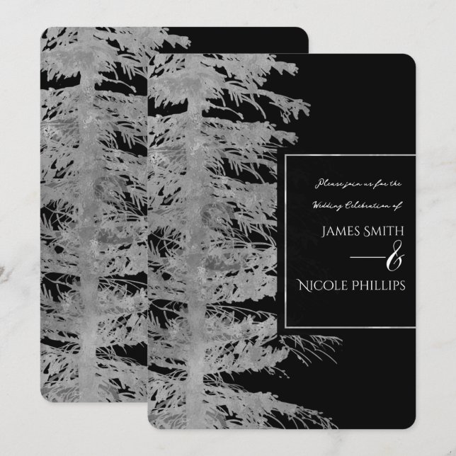 Silber Schwarz Glamour Tannenbaum Rustikaler Wald  Einladung (Vorne/Hinten)