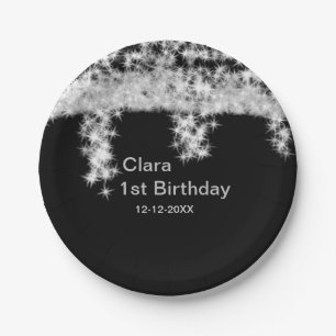 Silber schwarz glitzer name geburtstag datum jahr  pappteller