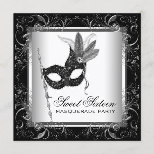 Silber-Schwarz-Weiß-Süße-16-Masquerade-Party Einladung