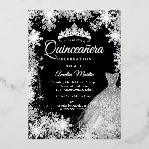 Silber-Schwarz-Winter-Schneeflocken-Quinceanera Folieneinladung