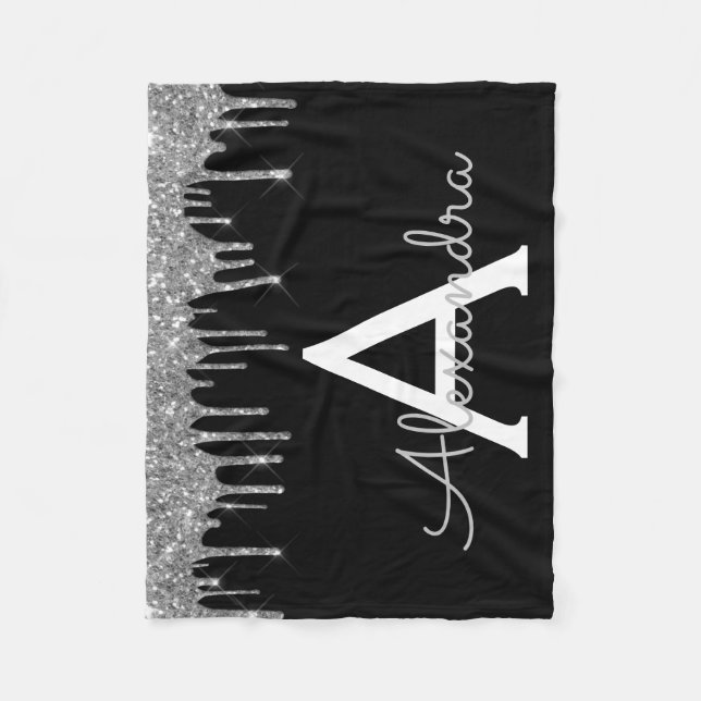 Silber-Schwarze Luxus-Glitter-Glam-Monogramm-Name Fleecedecke (Vorderseite)