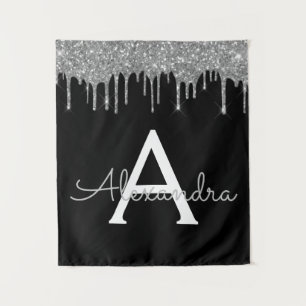 Silber-Schwarze Luxus-Glitter-Glamour-Monogramm-Na Wandteppich