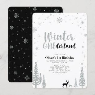 Silber, Schwarze Winter-Onederland-Geburtstagsfeie Einladung