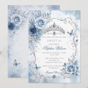 Silber Staubblau Floral Schmetterling Sweet 16 Einladung