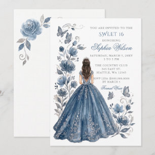Silber Staubig Blau Floral Prinzessin Sweet 16 Einladung