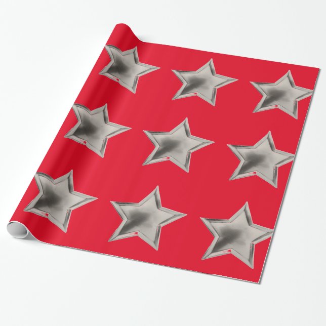 Silber Sterne auf rotem Umschlagpapier Geschenkpapier (Ungerollt)