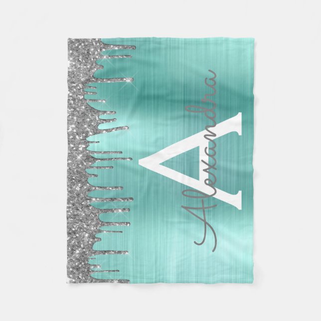 Silber-Teal-Glitter gebürstetes Metall-Monogramm-N Fleecedecke (Vorderseite)