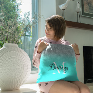 Silber Türkis Glitter Ombre Monogramm Kissen