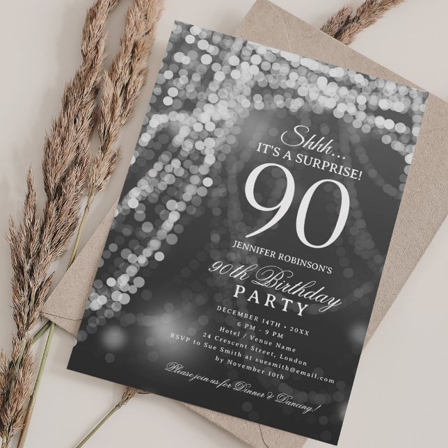 Silber | Überraschung 90. Geburtstagsfeier  Einladung (Silver | Surprise 90th Birthday Party Invitation)
