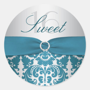 Silber und Aquamariner Damask 16 . Geburtstag Aufk Runder Aufkleber