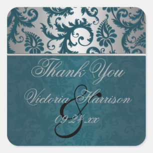 Silber und Aquamariner Damask II Square Sticker