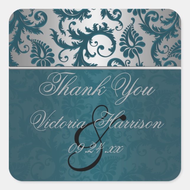 Silber und Aquamariner Damask II Square Sticker (Vorderseite)