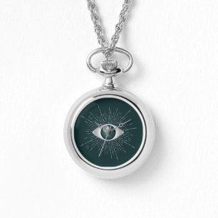 Silber und Aquamarines grünes Mystisches Böse Auge Armbanduhr