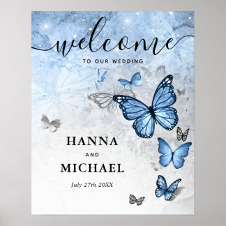 Silber- und Babyblau-Schmetterling-Willkommens-Hoc Poster