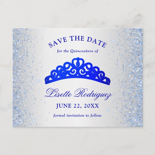 Silber und Blau Quinceanera Save the Date Postkarte (Vorderseite)