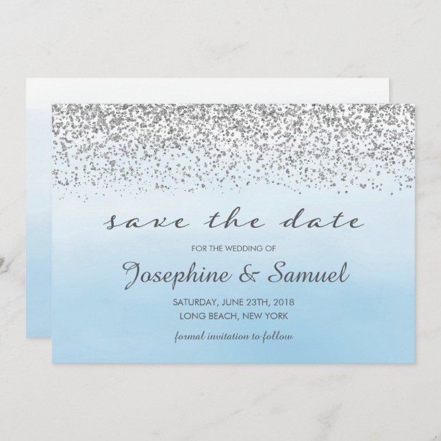Silber und Blau Save the Date Einladung (Vorne/Hinten)