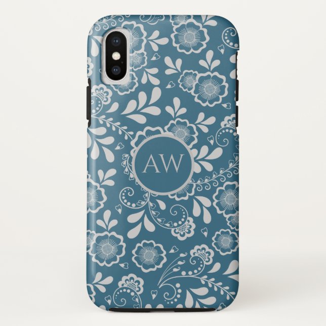 Silber und Blau Viktorianische Blumenlasche Monogr Case-Mate iPhone Hülle (Rückseite)
