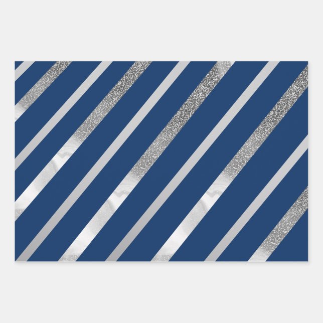 Silber- und Blauer Diagonalstreifen-Muster Geschenkpapier Set (Vorderseite)