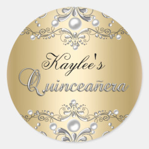 Silber- und Gold-Damask-Pearl-Quinceanera-Aufklebe Runder Aufkleber