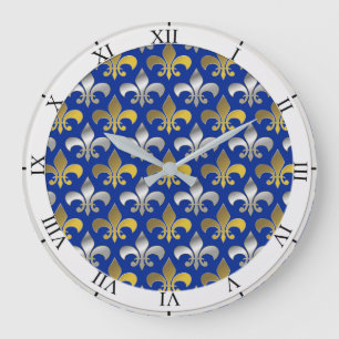 Silber und Gold Fleurs-De-lis auf blauem Große Wanduhr