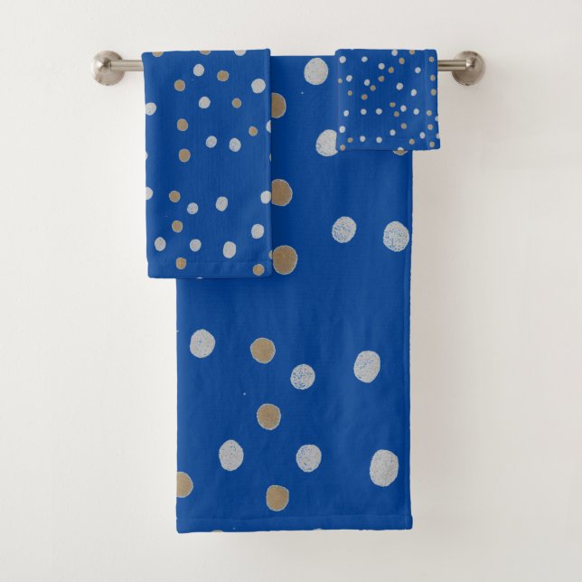 Silber und Gold Polka Punkte auf blau Badhandtuch Set (Insitu)