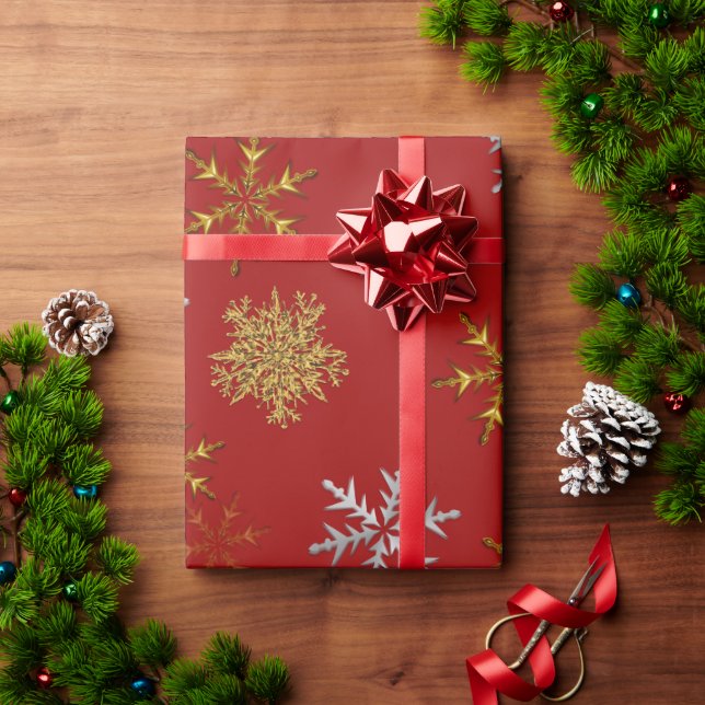 Silber und Gold Schneeflocken auf dunklen roten We Geschenkpapier (Feiertagsgeschenk)