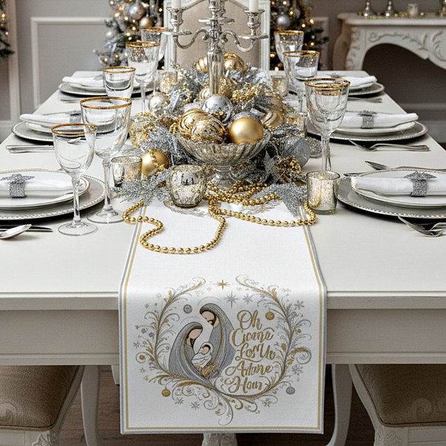 Silber- und Gold-Weihnachtskrippe Kurzer Tischläufer (Von Creator hochgeladen)