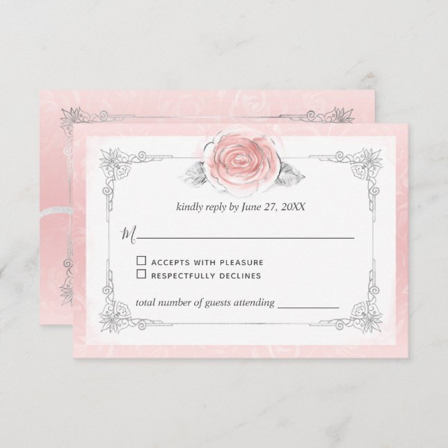 Silber und Hellrosa Rose Elegant RSVP Karte (Vorne/Hinten)