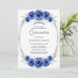 Silber- und königsblaue Rosen Elegante Quinceanera Einladung