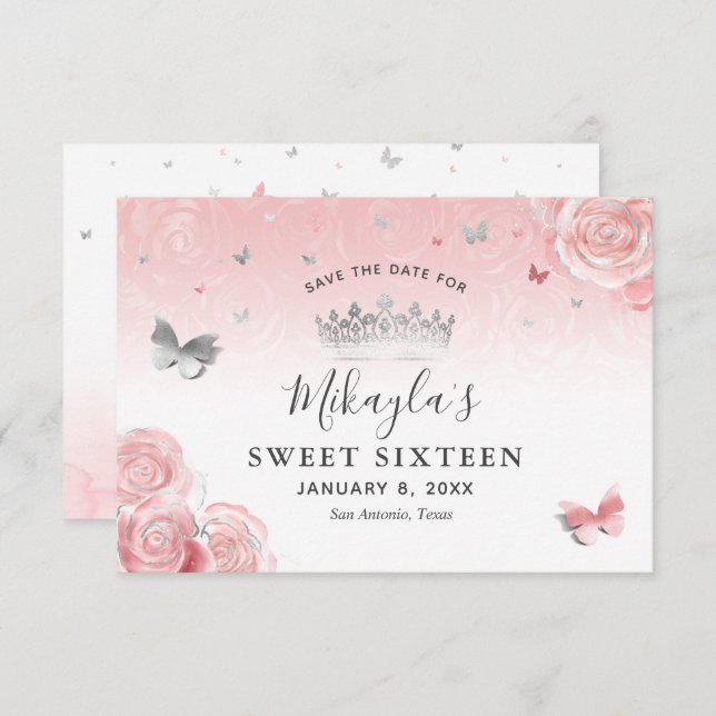 Silber und leicht Rosa Rosen Elegant Save The Date (Vorne/Hinten)