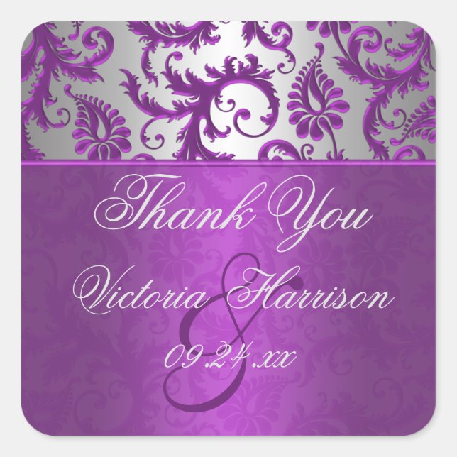 Silber und Lila Damask II Square Sticker (Vorderseite)