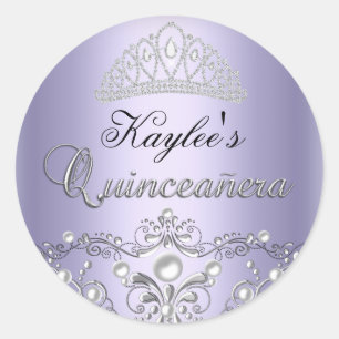 Silber- und Lila-Damask-Pearl-Quinceanera-Aufklebe Runder Aufkleber