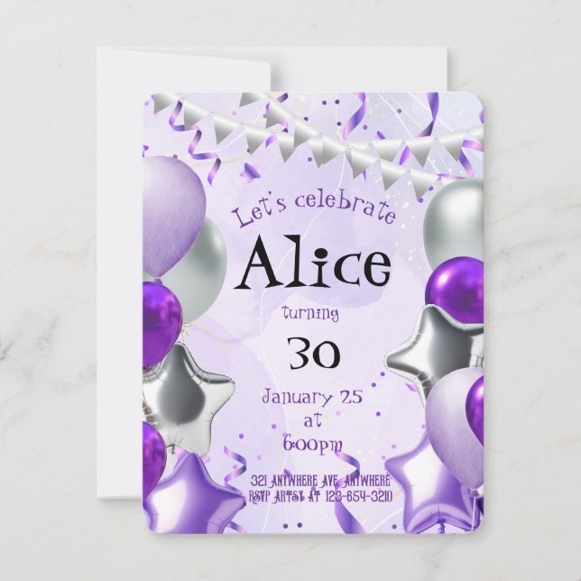 Silber und Lila Einladung (Vorderseite)